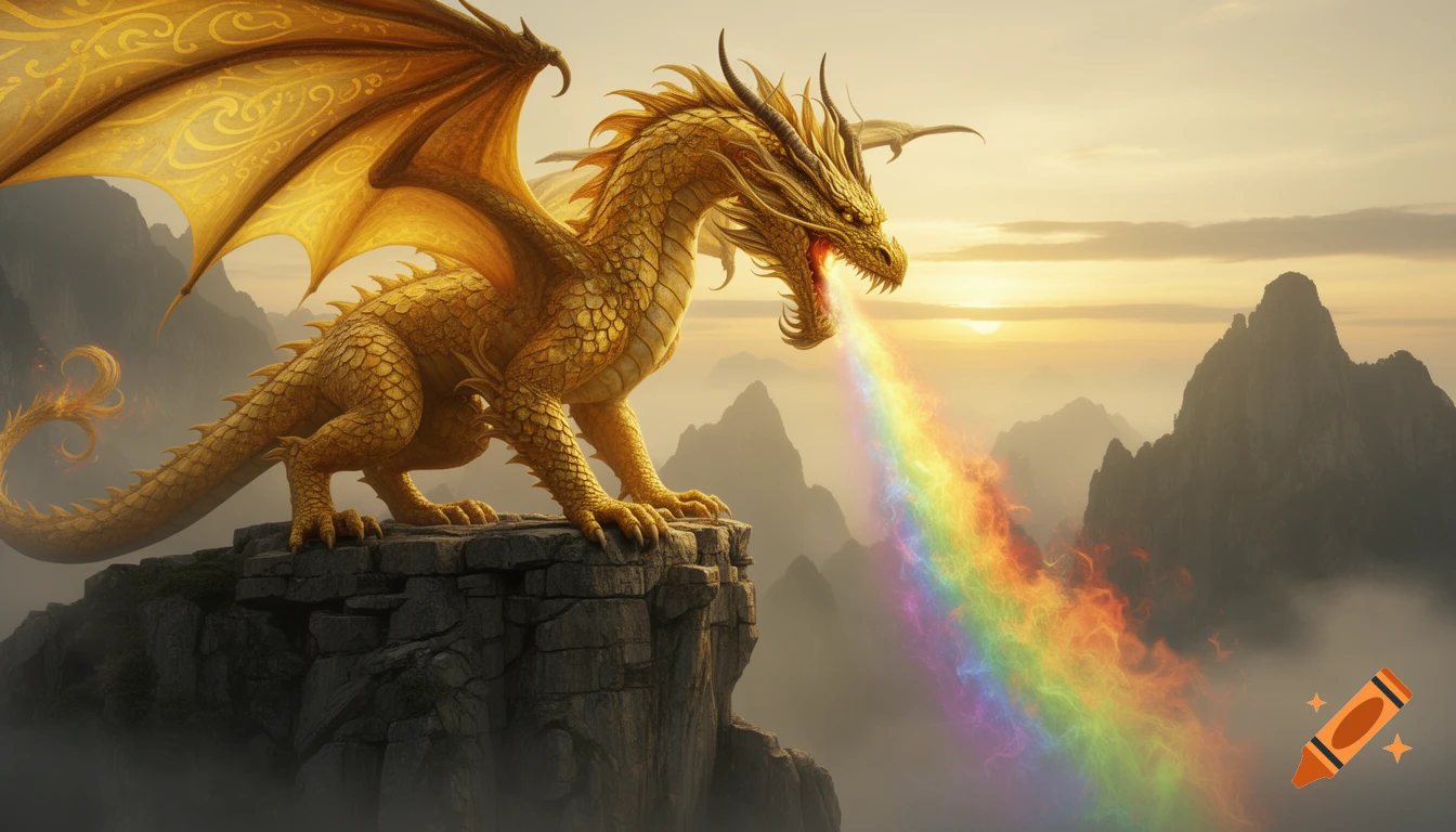A majestic golden dragon stands on a rocky cliff, breathing a vibrant ...