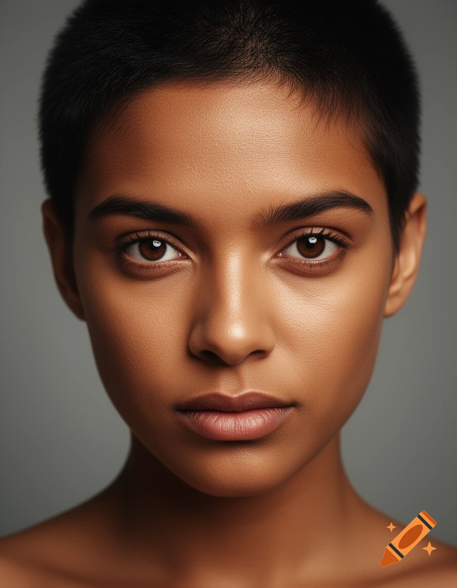 Close-up photorealistic portrait of a person with a buzz cut looking directly at the viewer.
