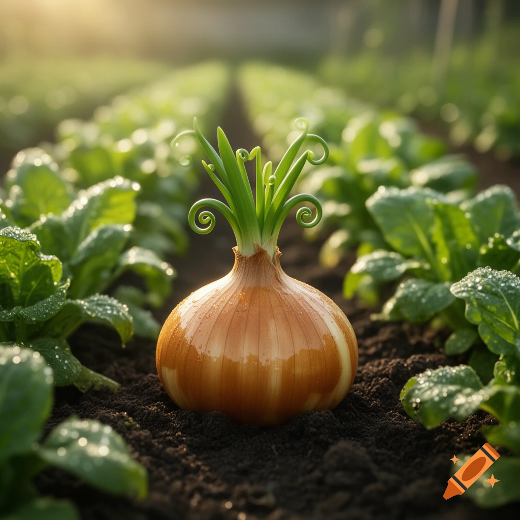 A cute, photorealistic onion with curly green shoots grows in rich, dark soil in a garden row, illuminated by golden sunlight.