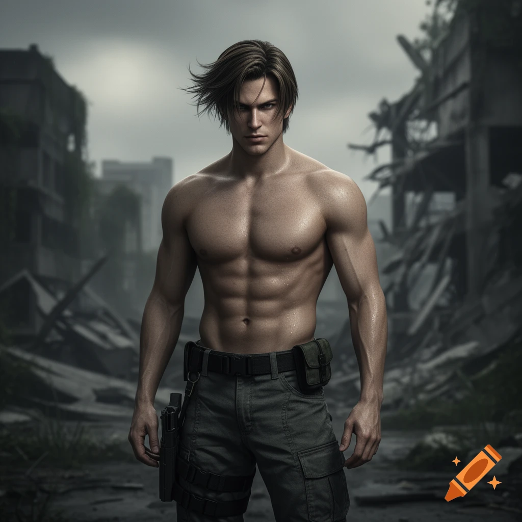 Hyper-realistic image of Leon Kennedy, a shirtless muscular man in tactical pants, standing in a destroyed city under a cloudy sky.