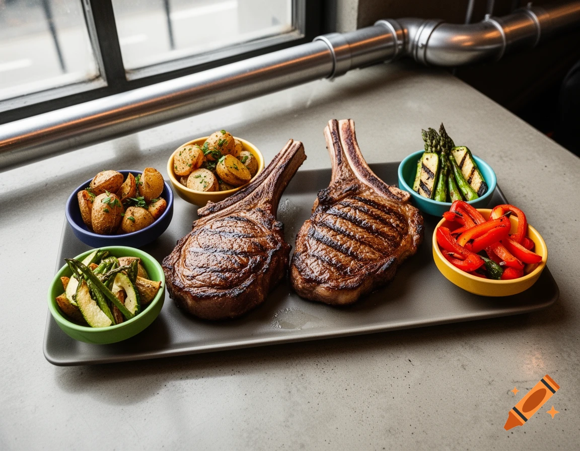 High-angle shot of two grilled ribeye steaks with roasted potatoes, grilled asparagus, zucchini, and red peppers on a grey tray.