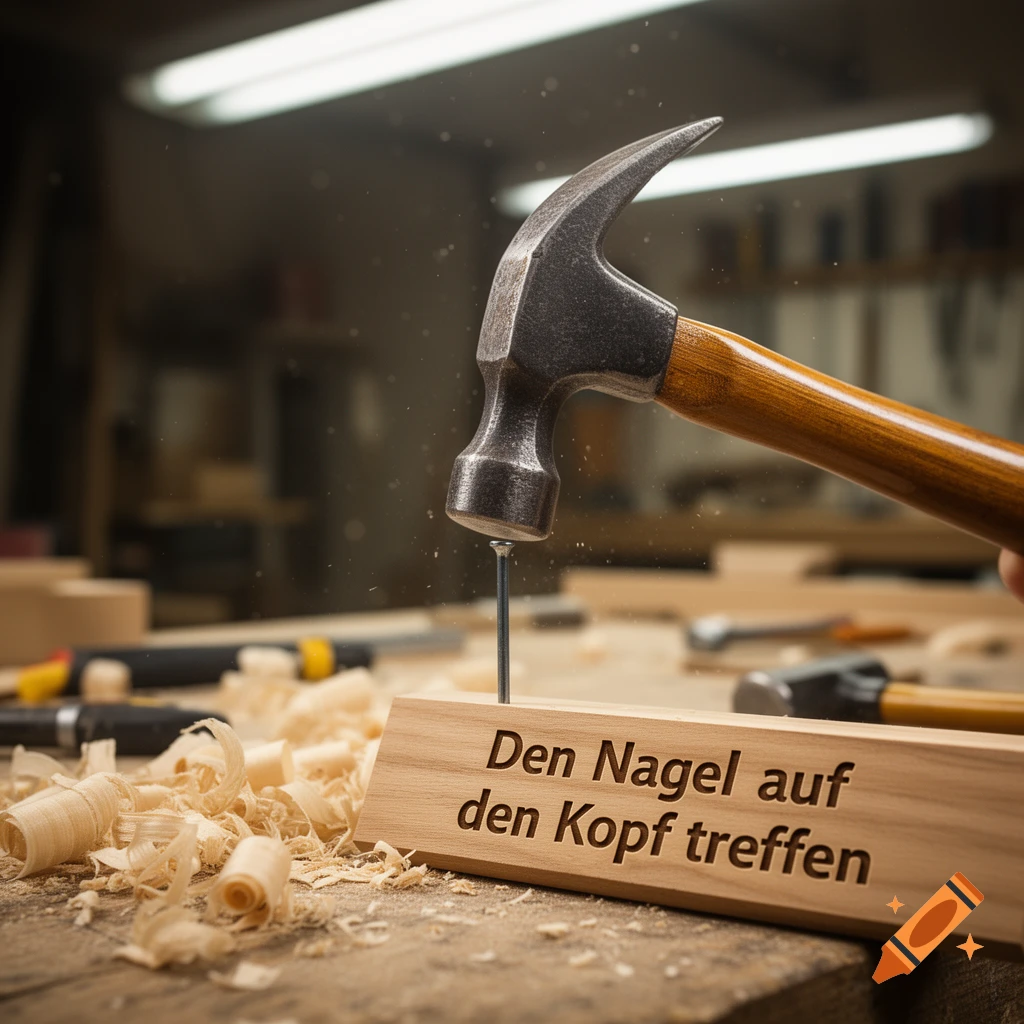 Close-up of a claw hammer hitting a nail into a wooden block engraved with German text, surrounded by wood shavings in a workshop.