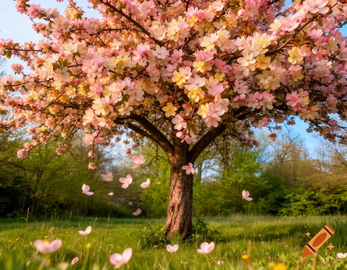 A beautiful blossoming tree with pink and yellow flowers in a vibrant green field, with petals falling gently to the grass.