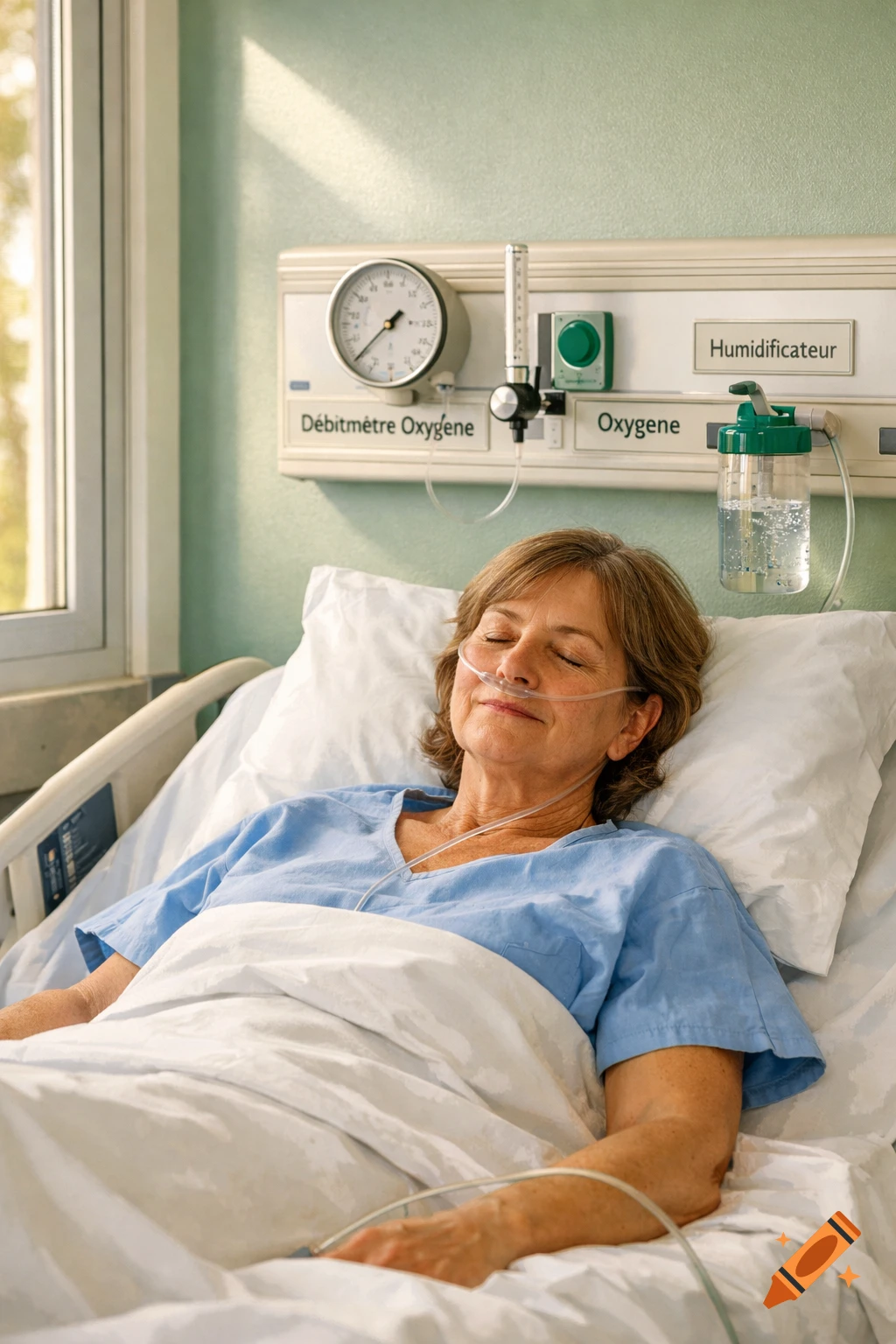 A smiling, 58-year-old woman with an oxygen cannula rests in a hospital bed. Photorealistic.