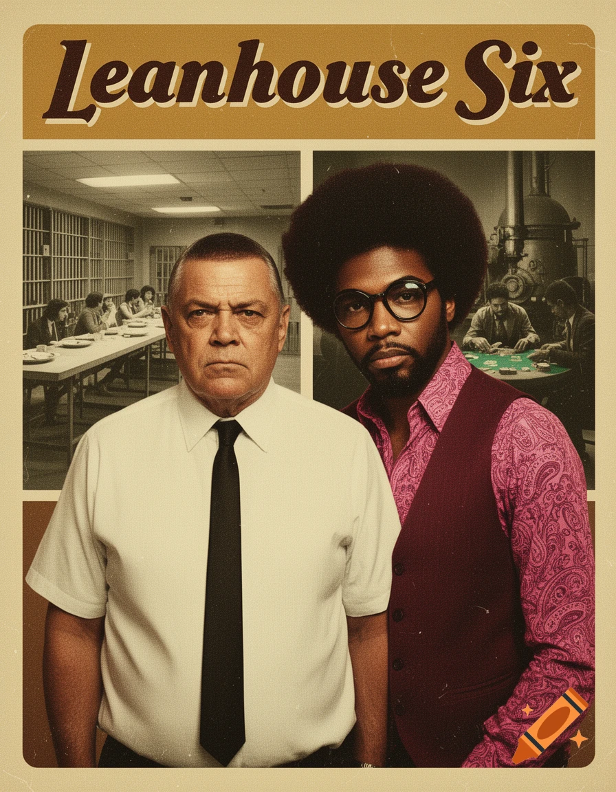 A 1970s movie poster shows two men: one older in a white shirt and black tie, another in a paisley shirt and afro. Background scenes show a prison chow hall and a poker game. Title: Leanhouse Six.