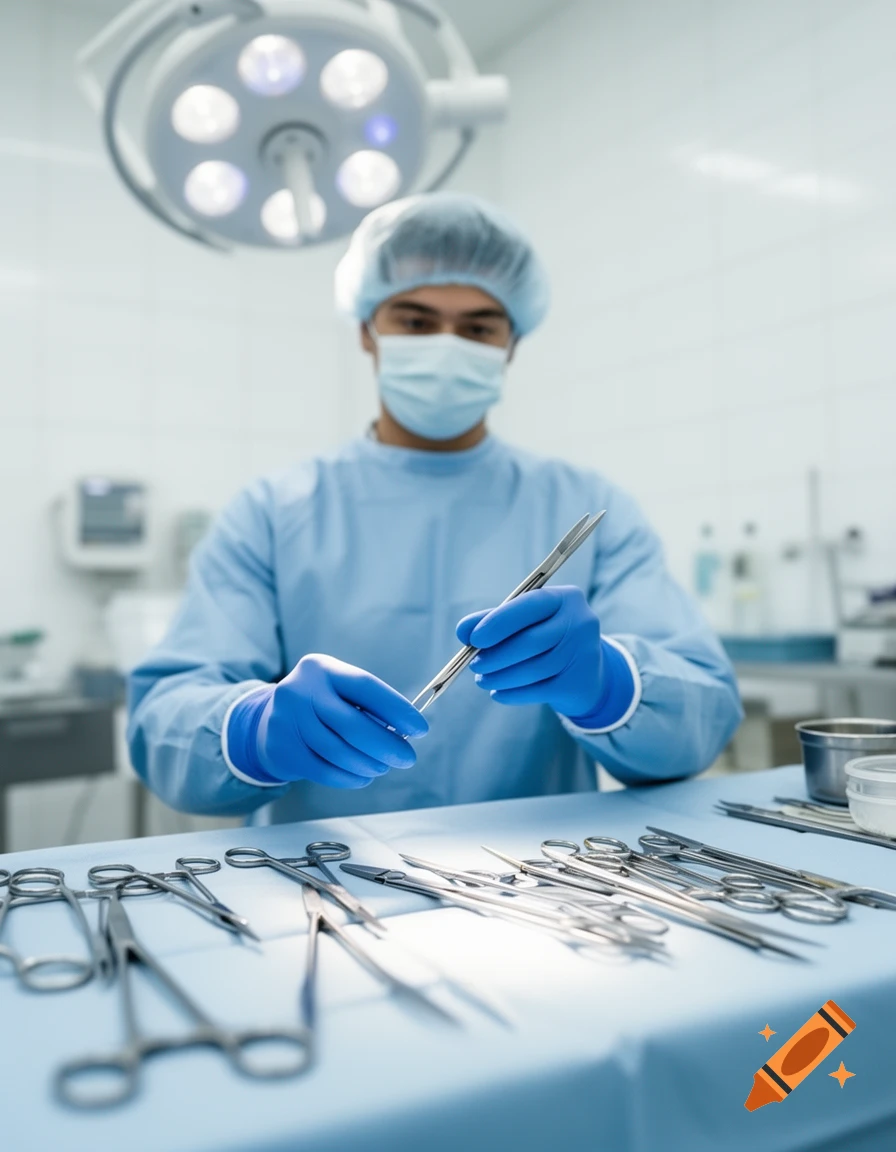 A surgeon in a blue gown and mask, wearing blue gloves, adjusts a surgical instrument over a table of tools in an operating room.