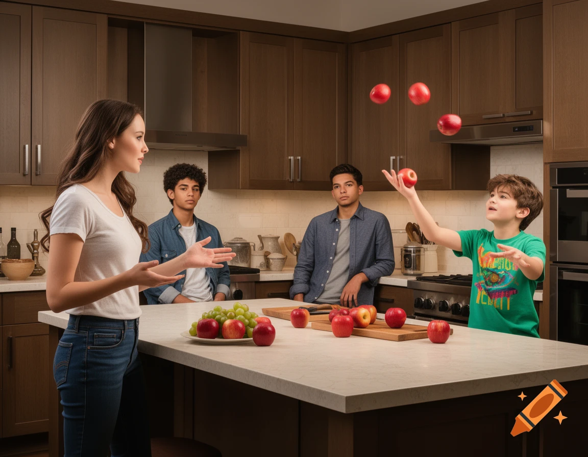 A woman talks in a modern kitchen while a young boy juggles apples and two young men watch from the background.