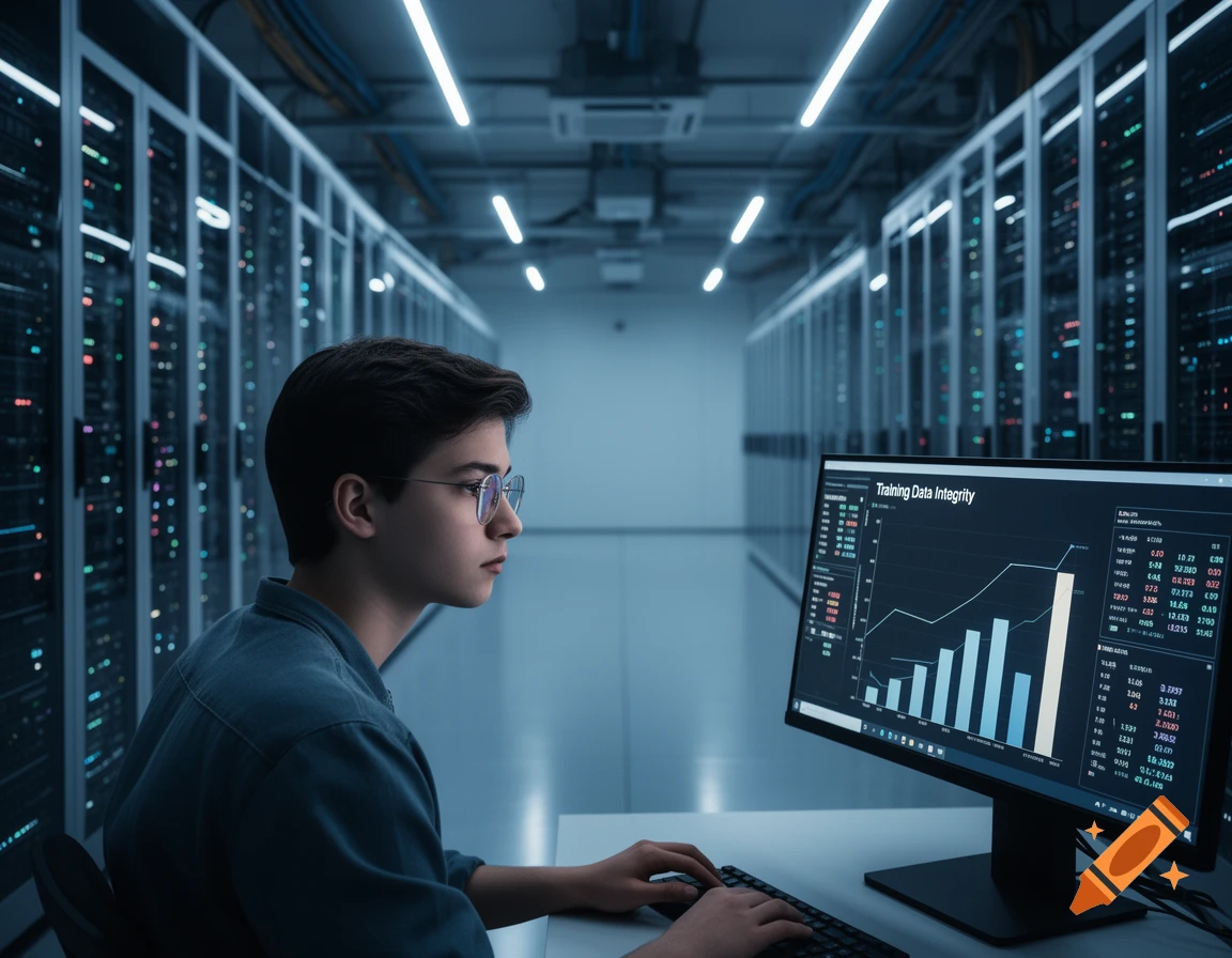 A young person wearing glasses sits at a desk, looking at a computer screen displaying charts and data in a server room.