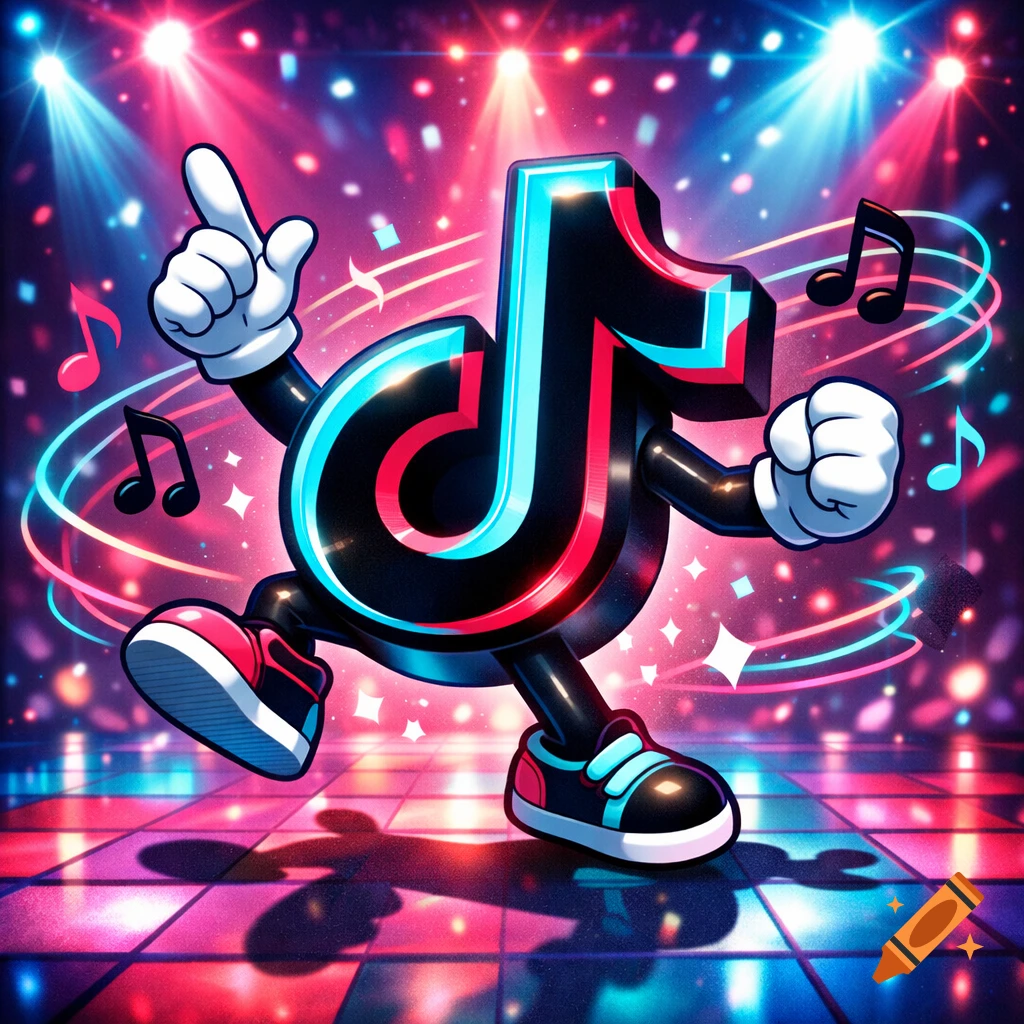 A cartoon 3D TikTok logo character with arms, legs, and shoes dances on a colorful disco floor under spotlights, surrounded by musical notes.