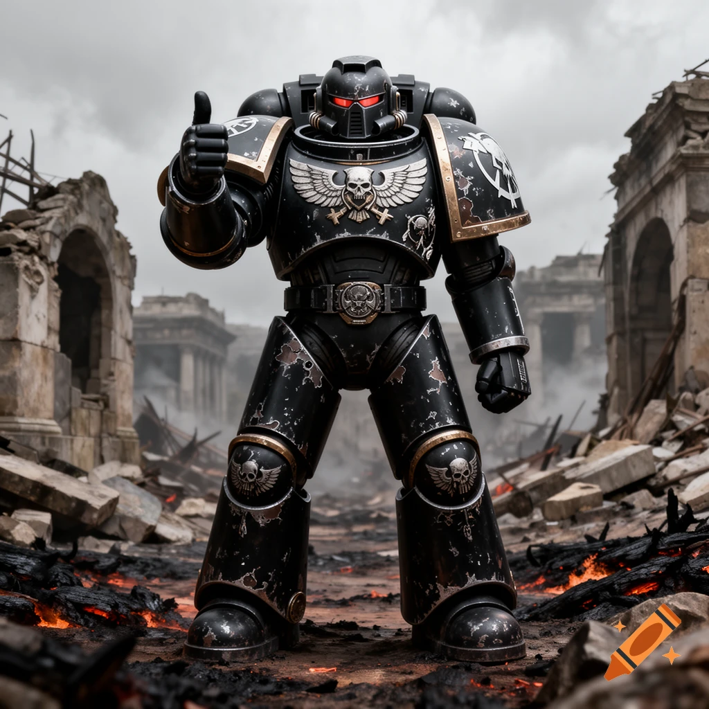 A grimdark black armored Space Marine with red eyes gives a thumbs up amidst a destroyed city with burning rubble.