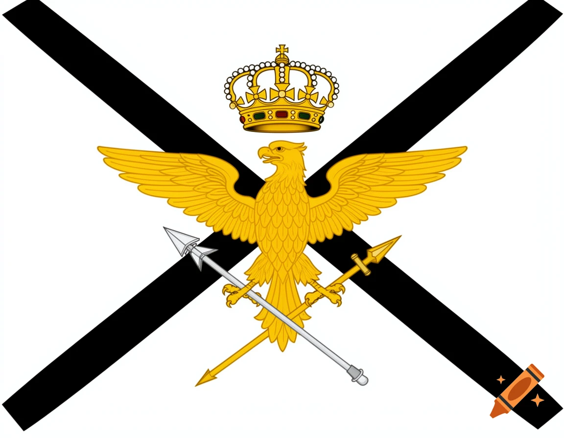 A white flag with a black X, featuring a golden eagle, crown, silver arrow, and golden spear in the center, in a flat heraldic style.