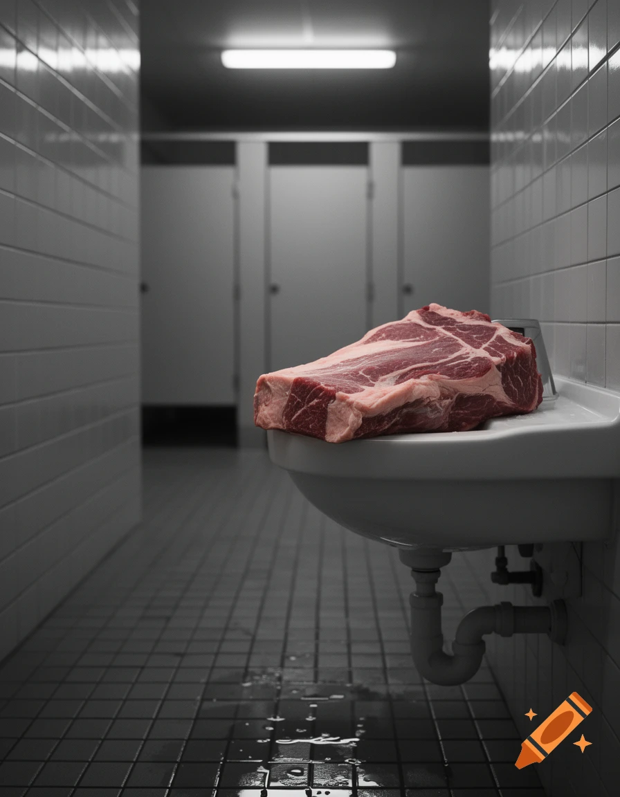 A large, raw slab of meat sits on a white sink in a grey-tiled public restroom, with water droplets on the floor.