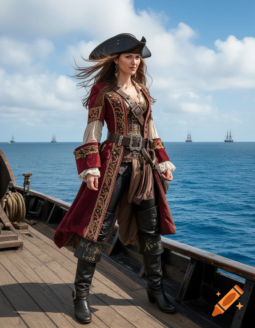 Photorealistic image of an attractive female pirate in a red coat and tricorn hat on a ship deck with other ships at sea.