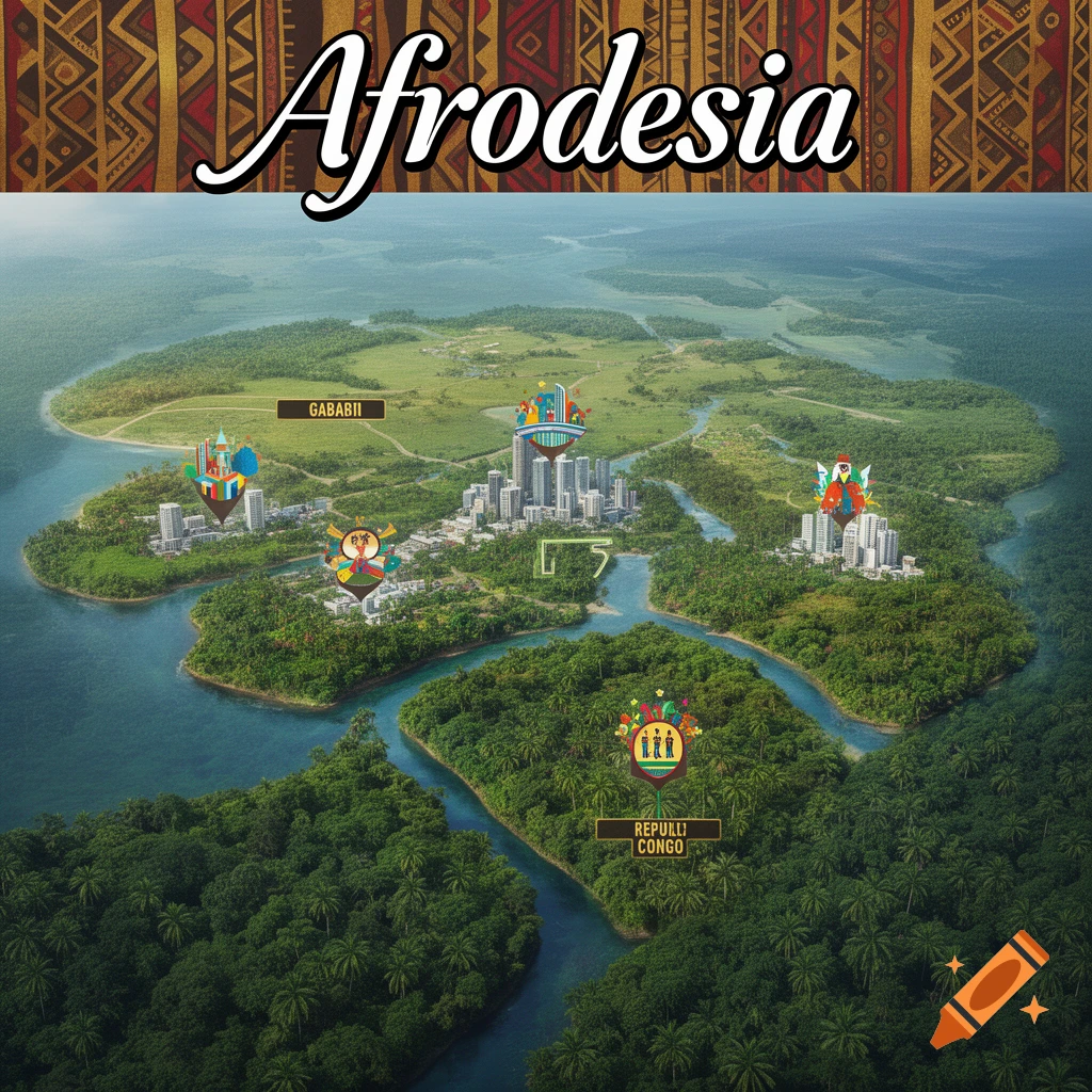 Stylized aerial map of tropical islands with rivers, forests, and cities, labeled 'Afrodesia', 'Gababii', and 'Repulli Congo'.