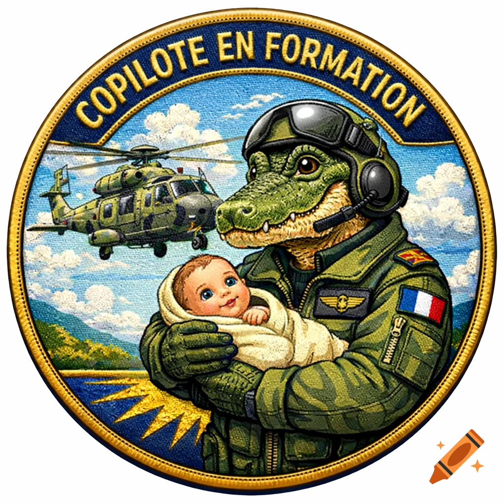 Round military-style emblem: cartoon alligator pilot holding baby, helicopter background, 'COPILOTE EN FORMATION' text.