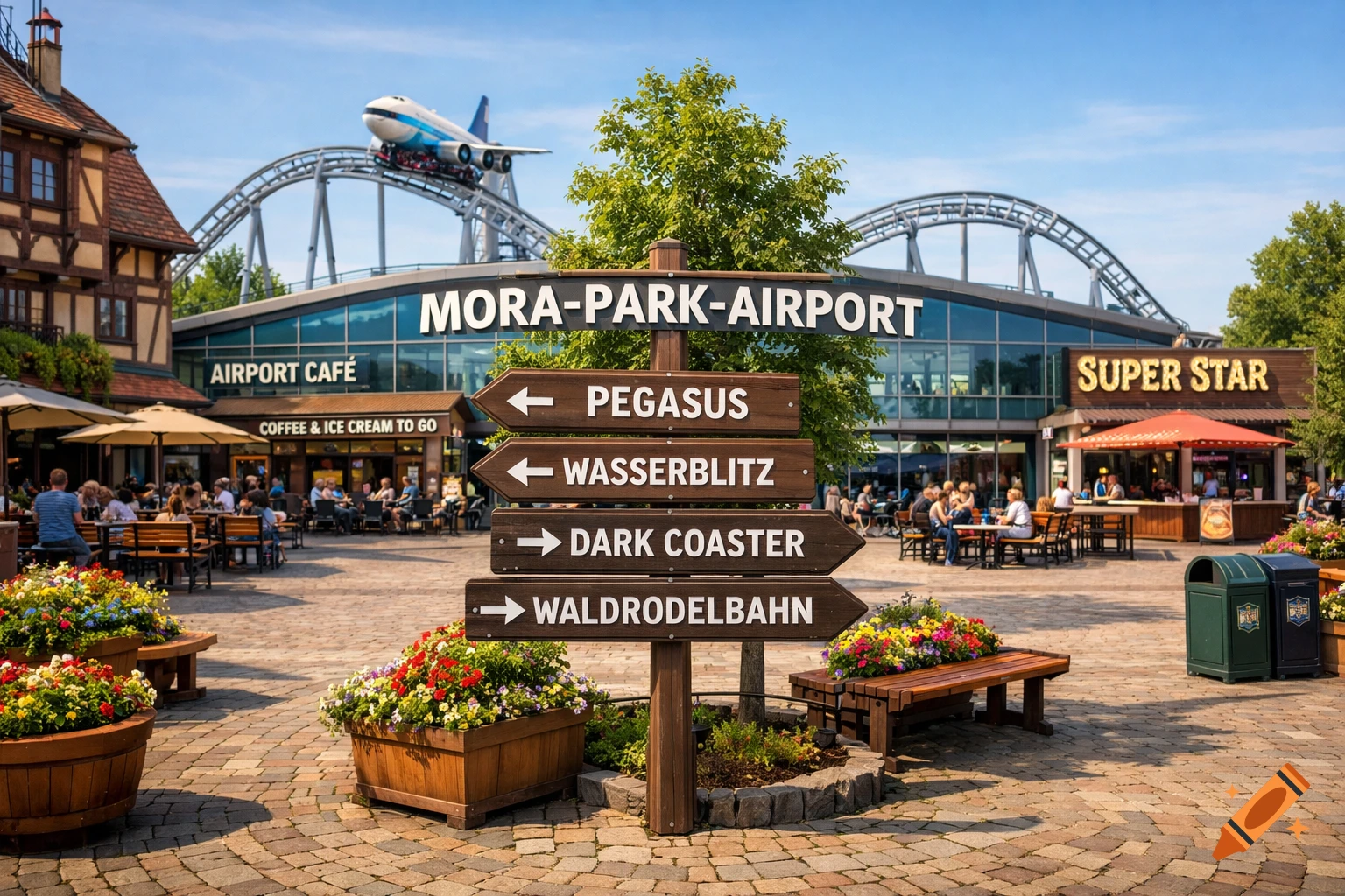 A vibrant amusement park scene with a main building labeled "MORA-PARK-AIRPORT" and an "AIRPORT CAFÉ", a rollercoaster with an airplane-themed cart overhead, and a wooden signpost directing visitors to various rides like "PEGASUS" and "DARK COASTER". People are seated at outdoor tables, and colorful flowers adorn the paved area under a blue sky.