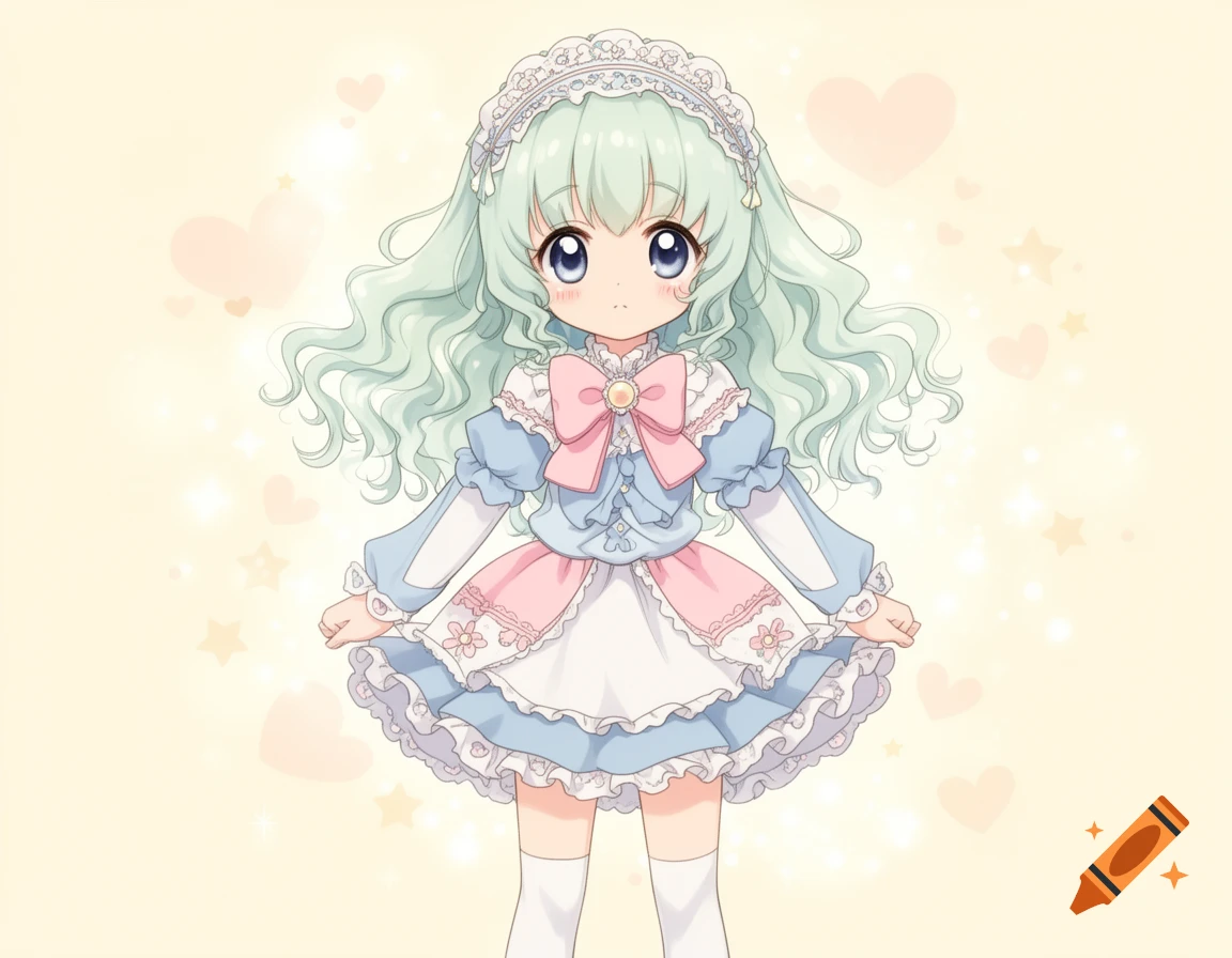 An anime illustration of a cute girl with mint green curly hair, big blue eyes, in a frilly blue and pink dress against a heart-patterned cream background.