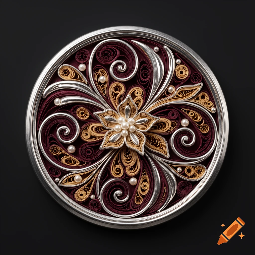 A round, intricate paper quilling and 3D carving artwork with maroon, gold, and silver metallic floral patterns, adorned with pearls.