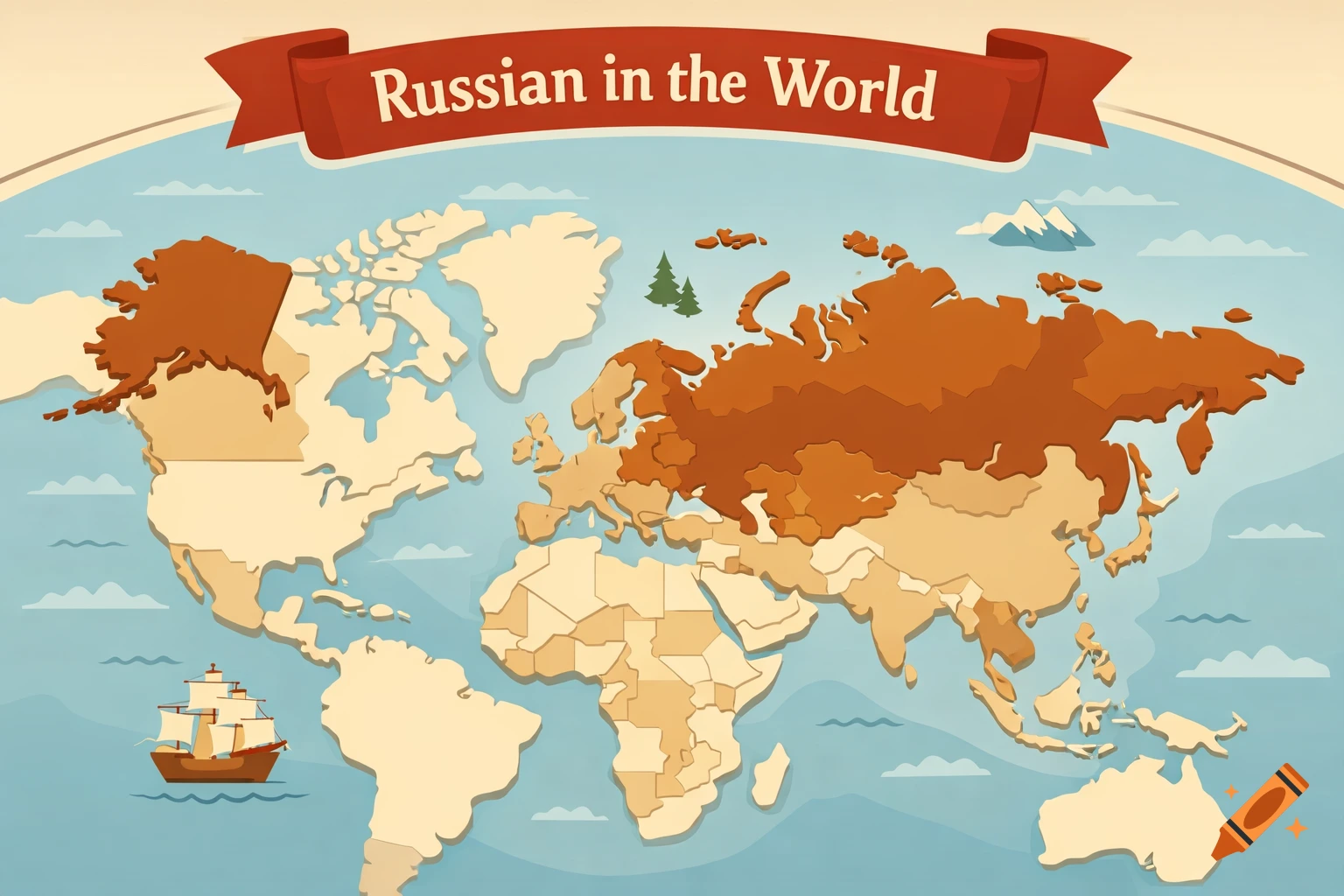 A stylized world map with Russia and Alaska highlighted in brown, featuring a red banner that reads 'Russian in the World', and a ship sailing in the ocean.