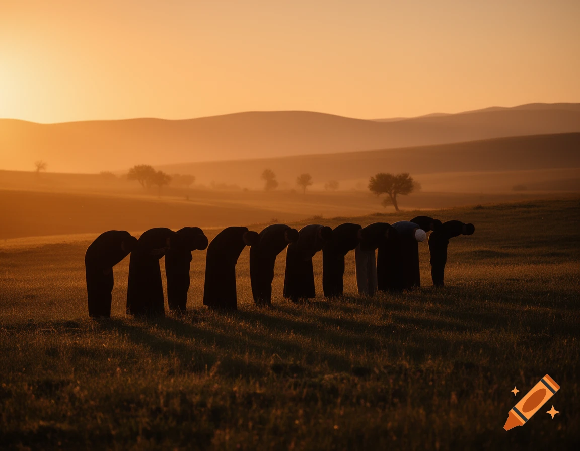 Silhouettes of people bowing in prayer in a field under a warm, hazy sunrise, with distant mountains.