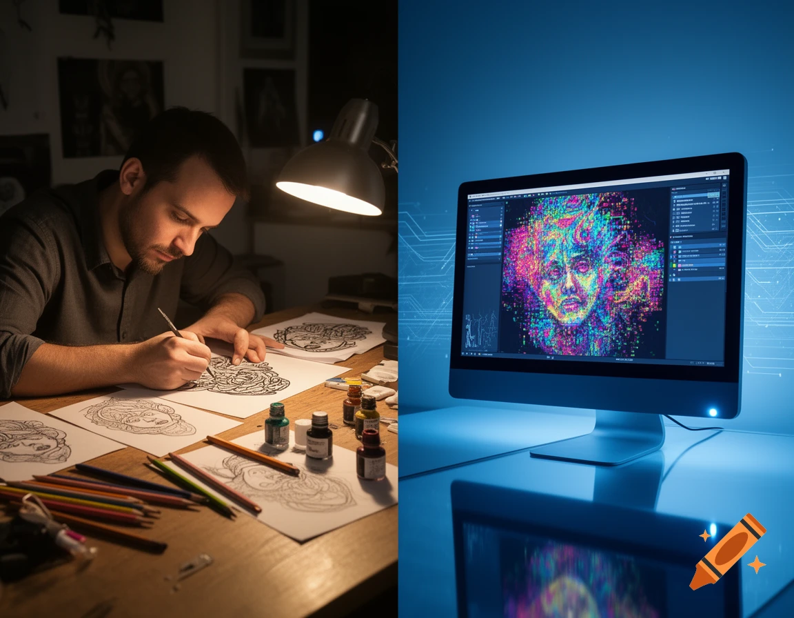 Split image showing a man drawing tattoo designs by hand on the left and a computer displaying colorful AI-generated digital art on the right.