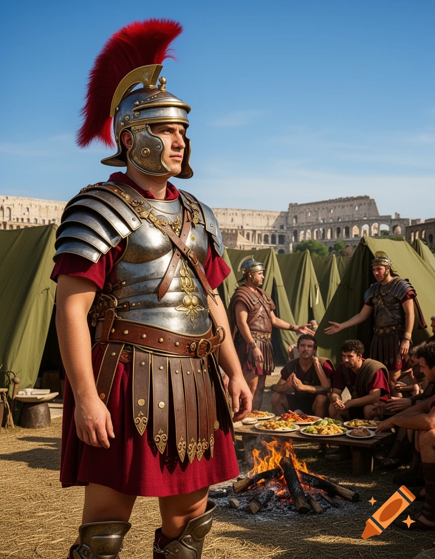 Photorealistic Roman legionary in armor stands in a camp with soldiers, food, campfire, and the Colosseum in background.