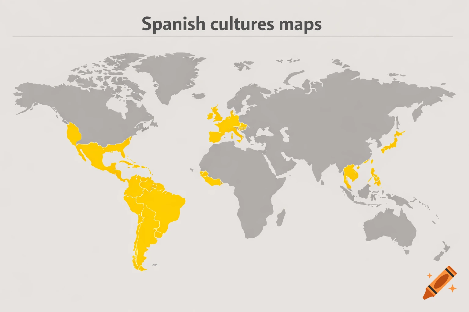 World map titled "Spanish cultures maps" with various countries highlighted in yellow.
