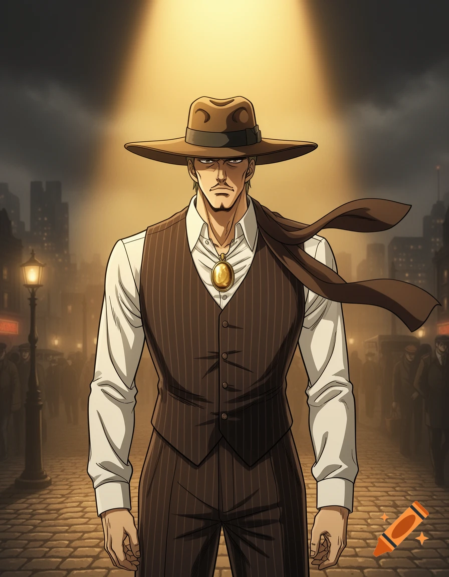 Anime man in a brown fedora and pinstripe vest stands under a spotlight on a cobblestone city street at night.