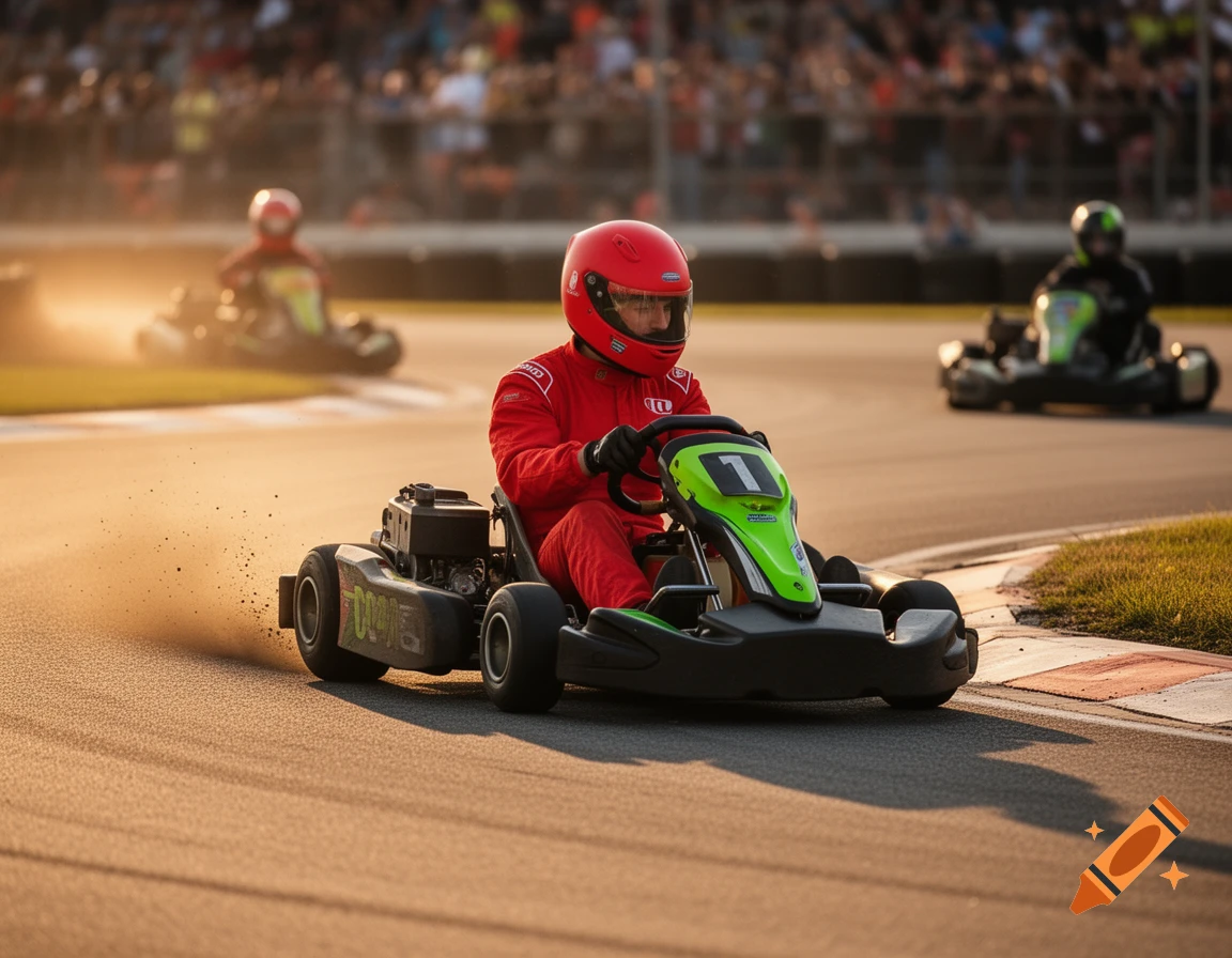 A person in a red suit and helmet drives a green and black go-kart on a track, kicking up dust during sunset.