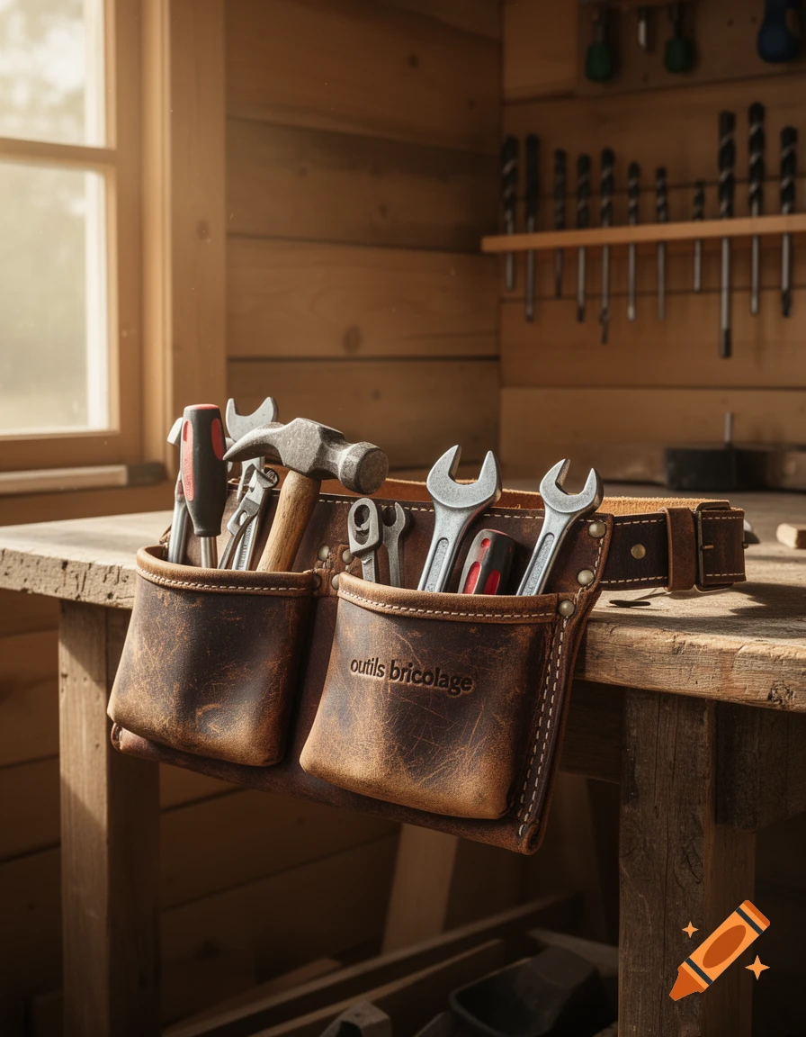 Leather tool belt with a hammer, wrenches, and screwdrivers on a wooden workbench in a sunny workshop, photorealistic style.