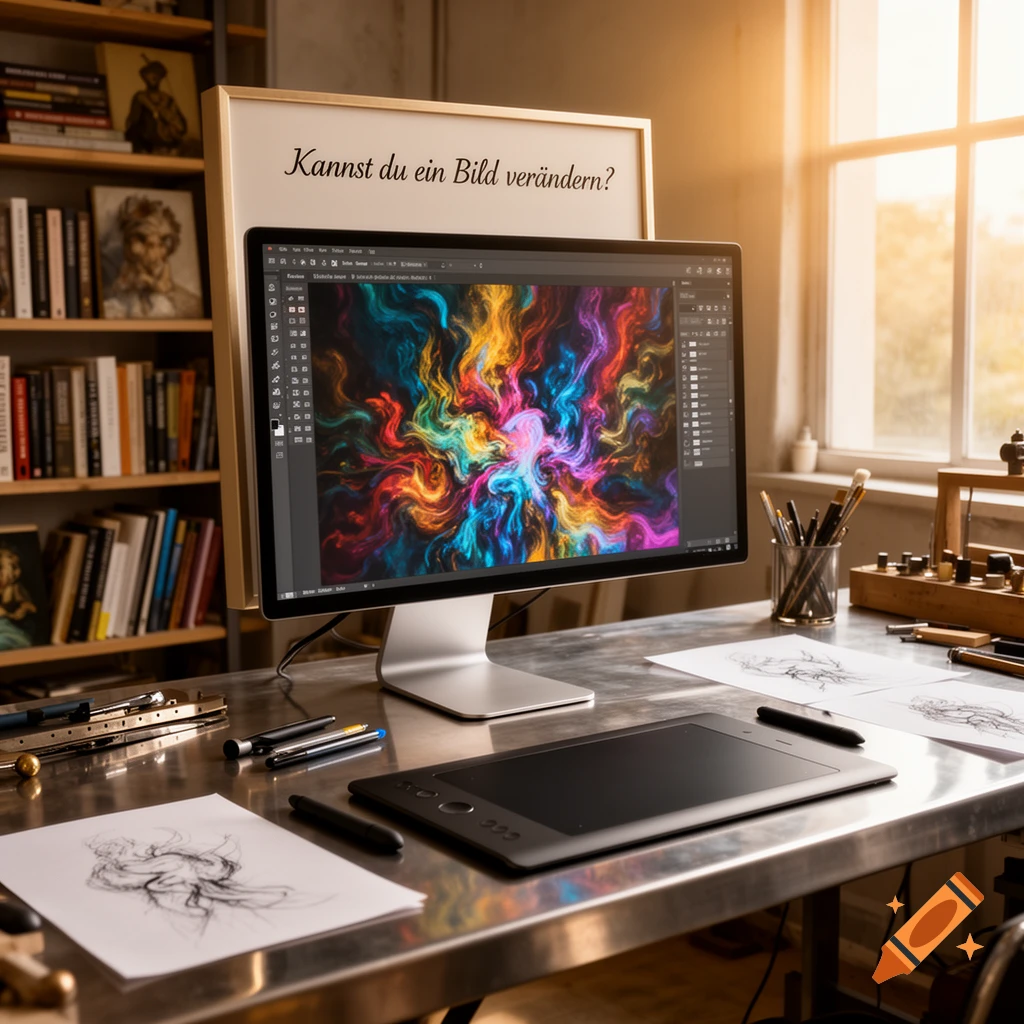 A creative workspace with a computer displaying colorful abstract art, a drawing tablet, and paper sketches on a metallic desk near a window.