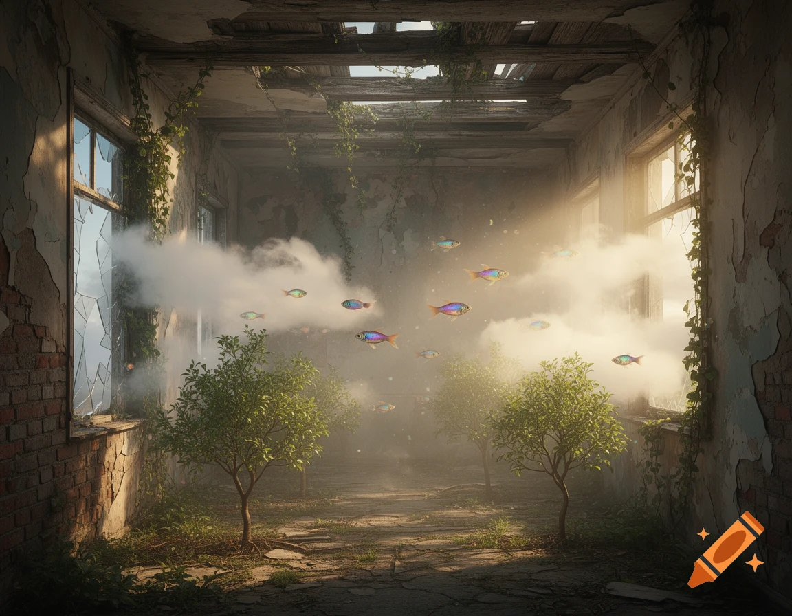 A dilapidated room with broken windows, overgrown vines, and sunlight, featuring small trees, ethereal clouds, and colorful fish floating.