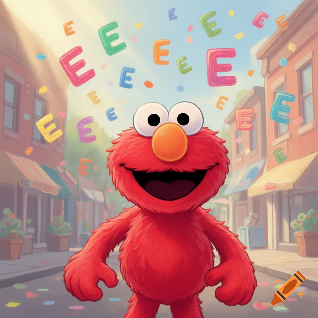 Elmo smiles happily on a street as colorful letter E's and confetti fall around him in a bright cartoon style.