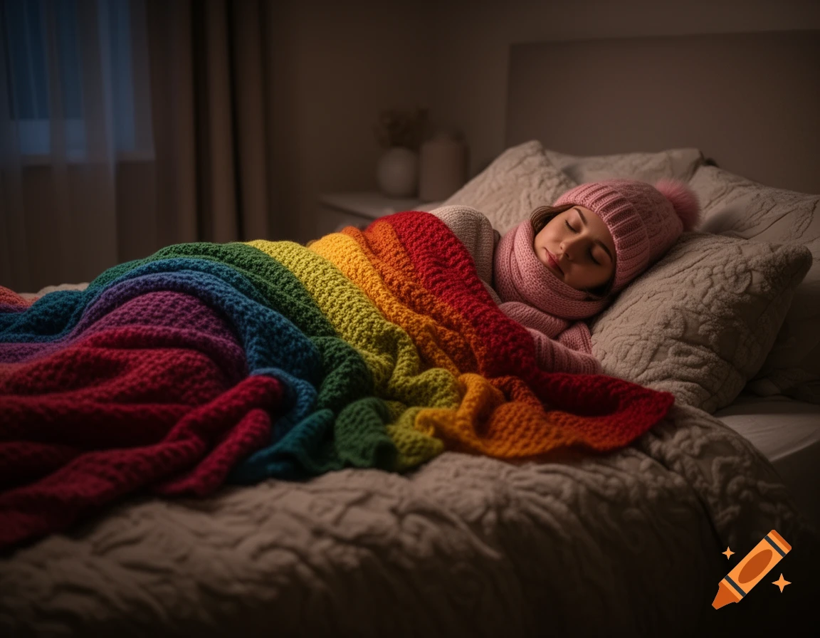 A woman sleeps soundly in bed, wrapped in a colorful rainbow blanket, wearing a pink hat and scarf.