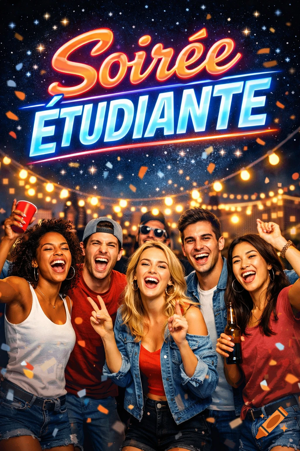 Group of diverse young adults laughing and cheering at a vibrant outdoor night party with neon 'Soirée Étudiante' sign, string lights, and confetti.