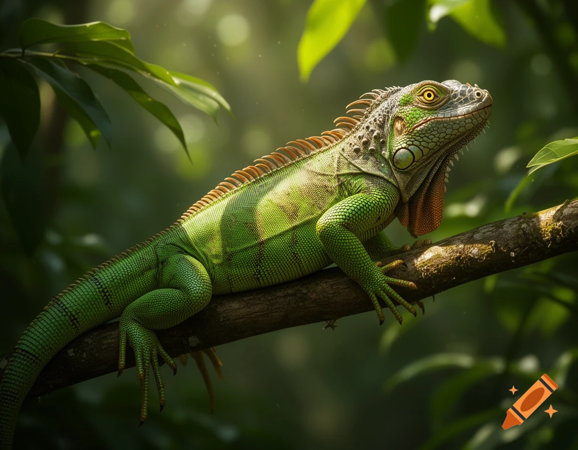 A vibrant green iguana with spiky crest and orange dewlap rests on a mossy tree branch in a sunlit jungle.