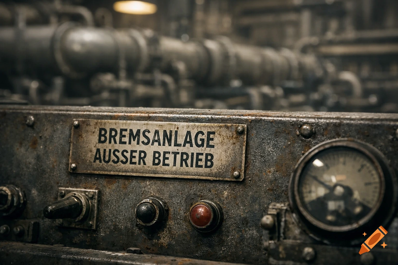 Close-up of a rusty industrial control panel with a sign reading 'BREMSANLAGE AUSSER BETRIEB' and a gauge.