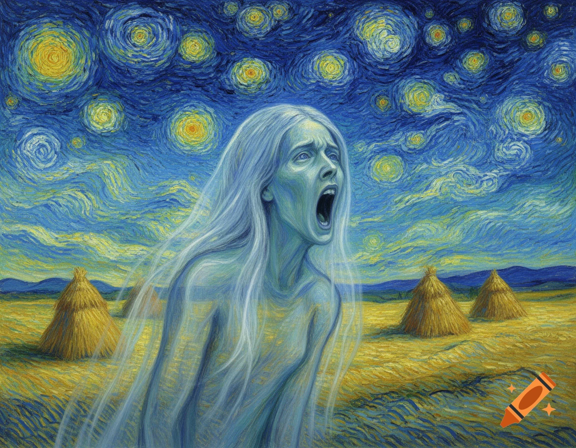 A ghost-like figure with a screaming face stands in a field with haystacks under a swirling 'Starry Night' sky, painted in the style of Van Gogh.