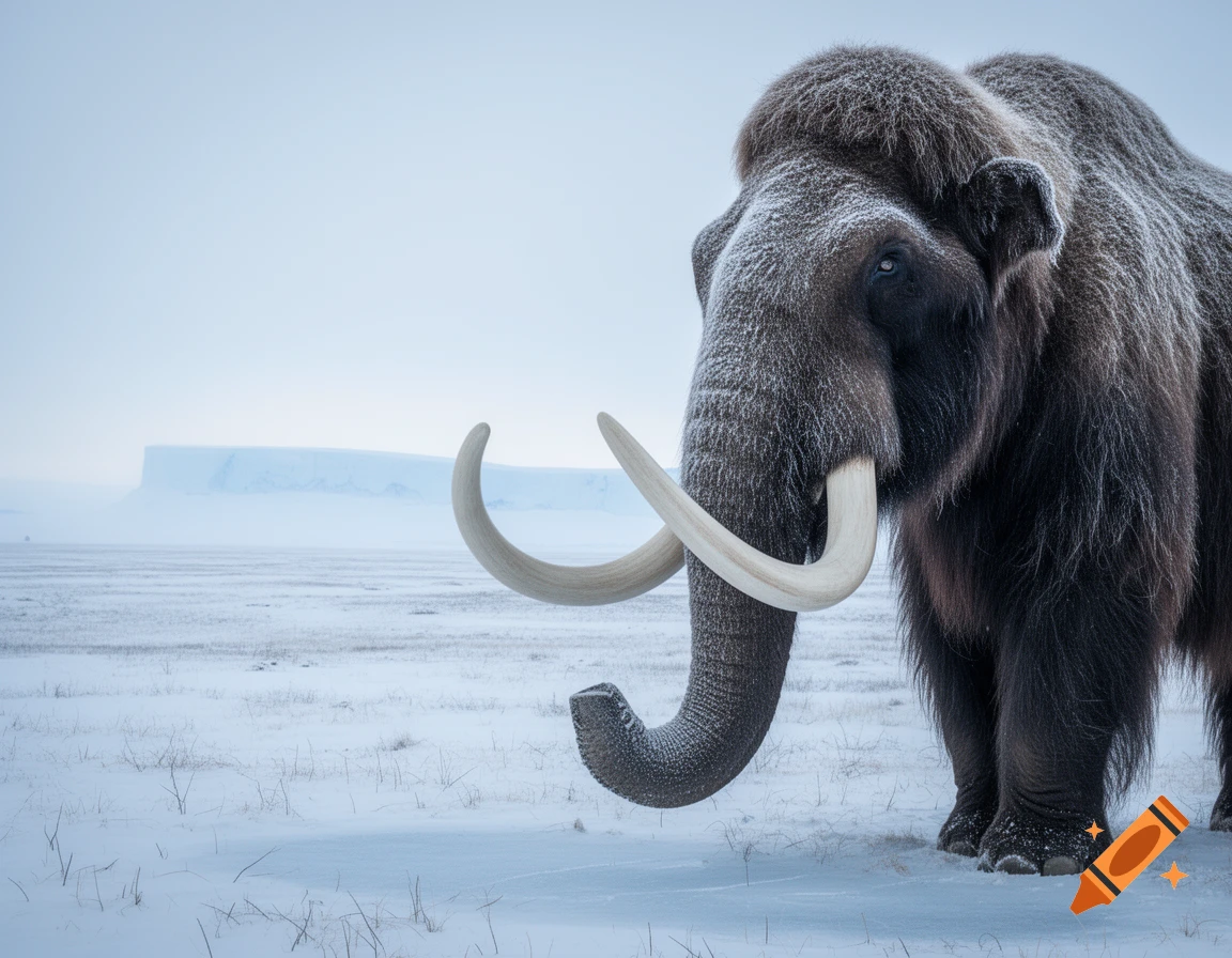 A photorealistic woolly mammoth with snowy fur and long tusks stands in a vast, snow-covered landscape under a pale sky.