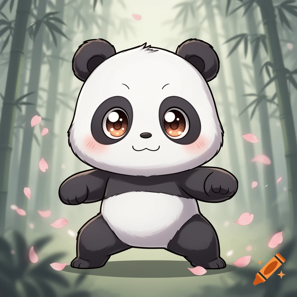 A cute chibi panda with large, expressive eyes in a playful battle-ready stance in a bamboo forest with falling pink petals.