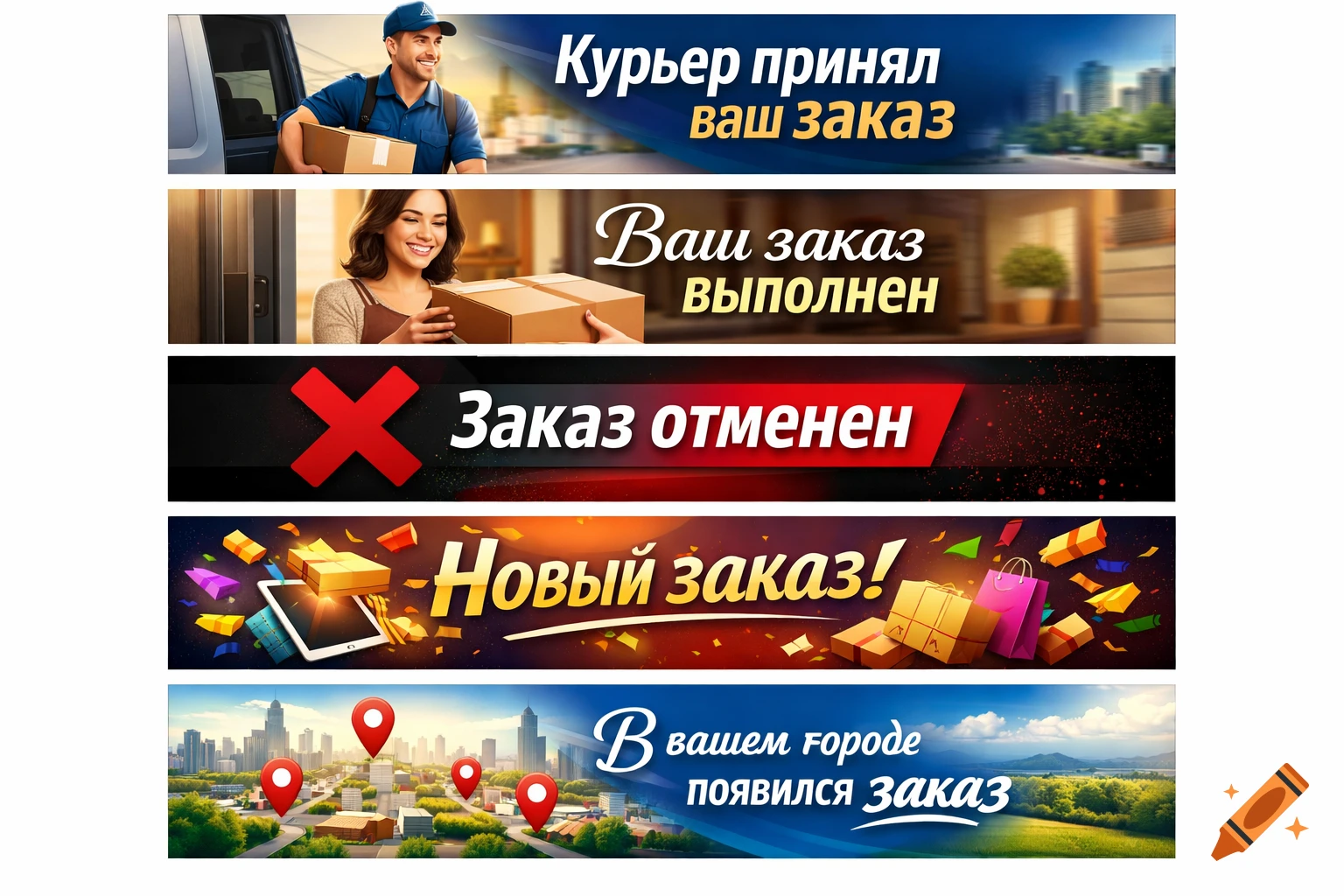 Five promotional banners for order management, depicting a courier, package delivery, cancellation, new order gifts, and a city map.