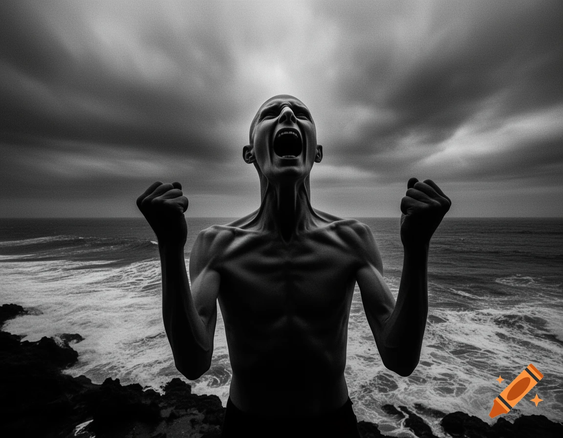 A bald, skinny man screams with clenched fists, silhouetted against a dark, stormy sky over a turbulent sea in black and white.