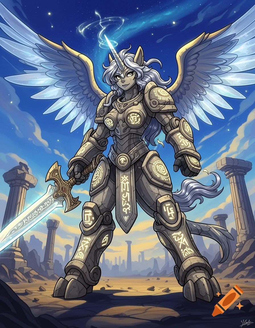 A cartoon anthro Alicorn girl in ancient armor holds a glowing sword in a ruined landscape under a starry sky.