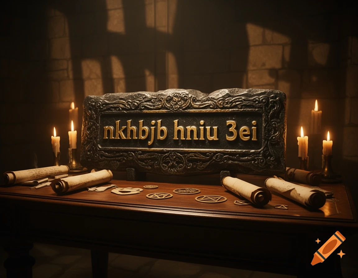 A stone tablet with embossed text "nkhbjb hnuiu 3ei" on a wooden table, surrounded by lit candles and old scrolls in a dark, ancient room.