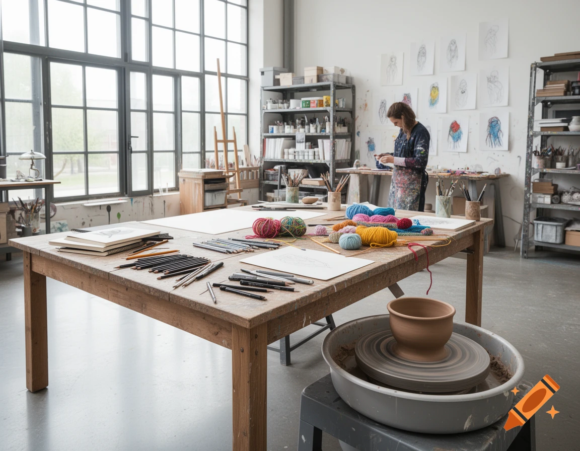 A bright art studio with a person working in the background, a large wooden table in the foreground covered with pencils, yarn, and sketchbooks.