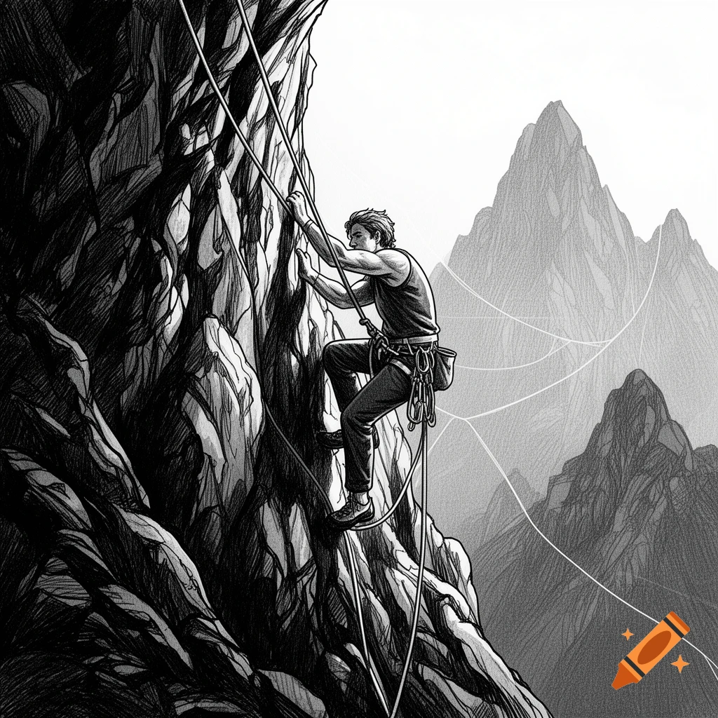 Black and white drawing of a man rock climbing a jagged cliff with mountains in the background.