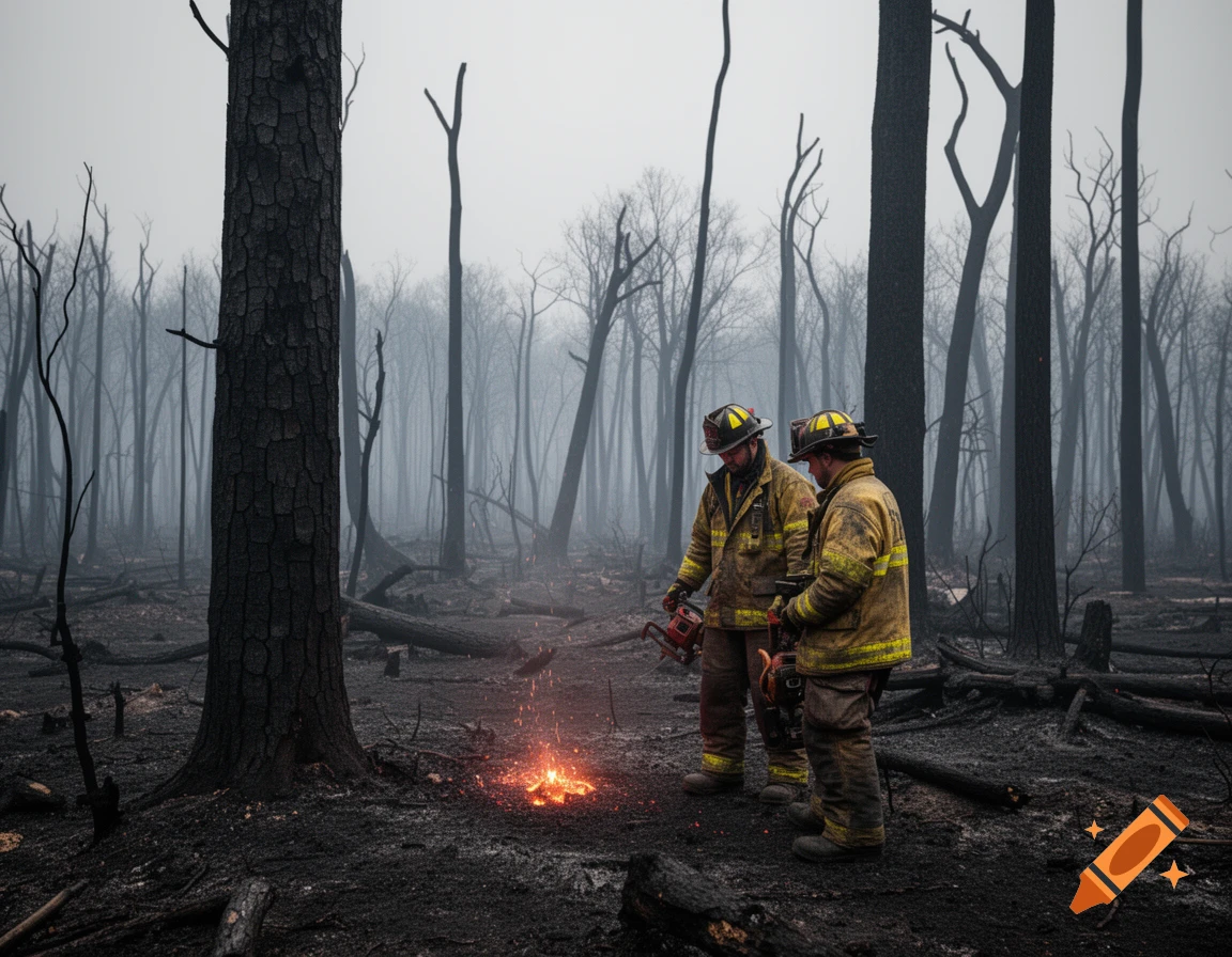 Two firefighters inspect a small glowing fire in a desolate, foggy burnt forest after a wildfire, photorealistic.