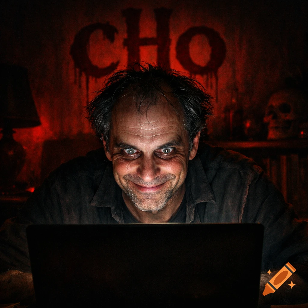A man with a wild, psychotic grin and glowing eyes looks at a laptop, with a bloody 'CHO' on the red wall behind him.