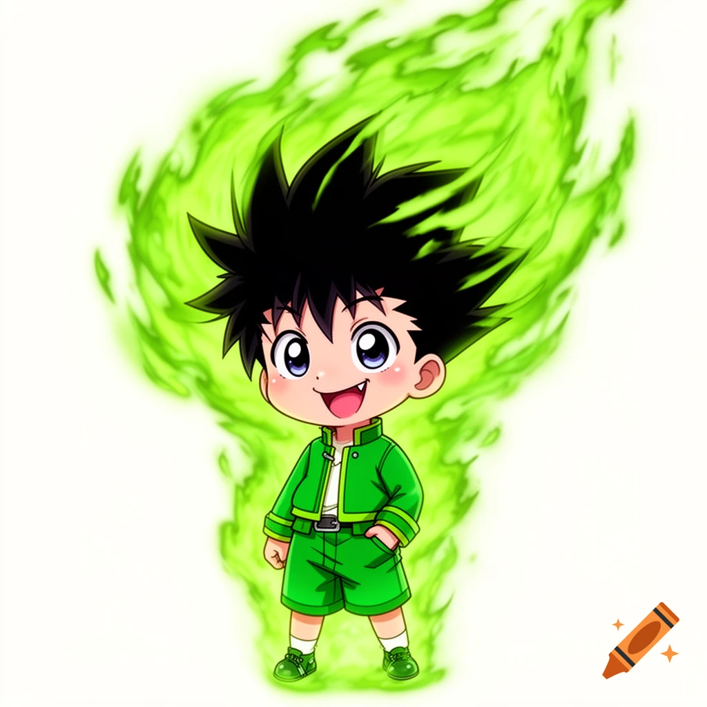 Cute chibi anime character in a green hunter outfit with spiky black hair and a large, glowing green aura.