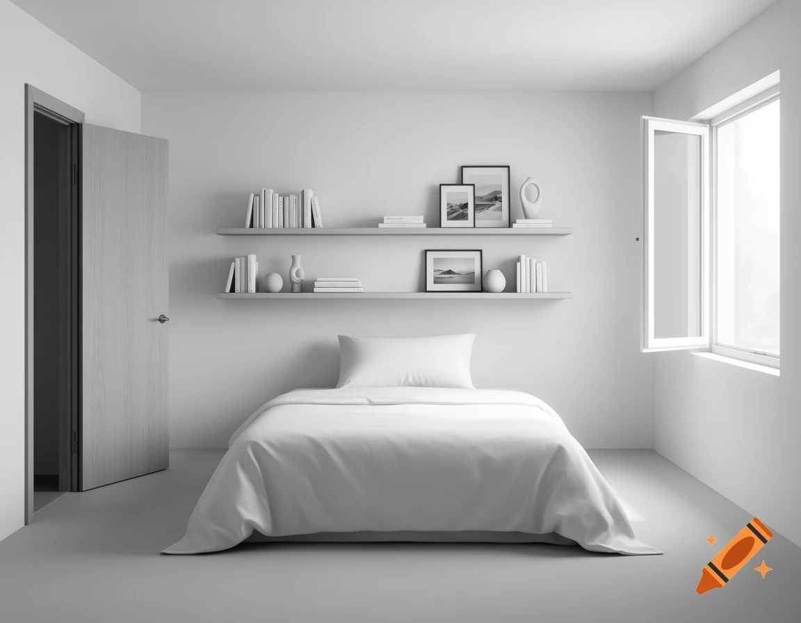 A monochromatic, minimalist bedroom with a white bed, an open door, shelves of books and decor, and an open window.